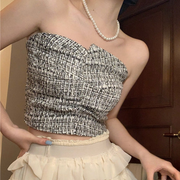 Check Pleated Tube Top Strapless Tank Top
