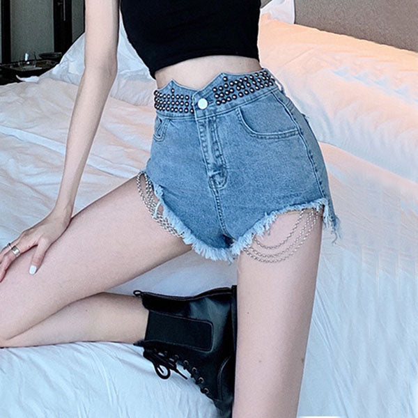 Studded Chain Frayed High-Waisted Jeans Shorts