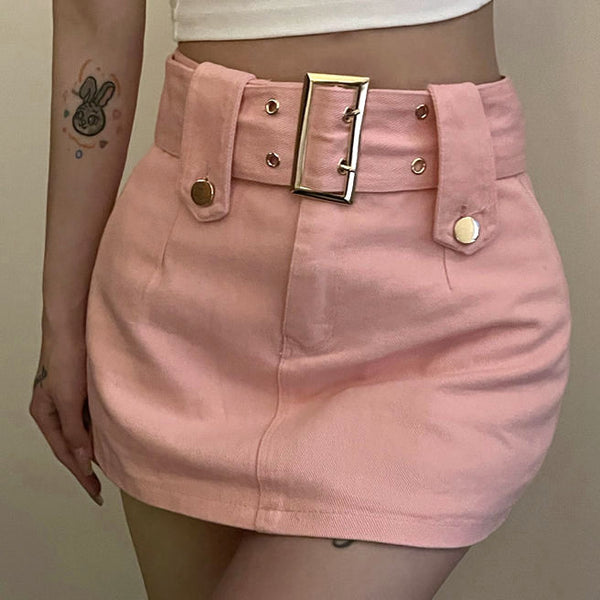 High Waist Belt Slim Fit Solid A-Line Skirt