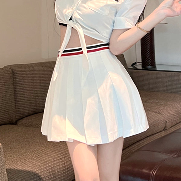 Lace-Up Short-Sleeved Shirt Pleated Skirt Set