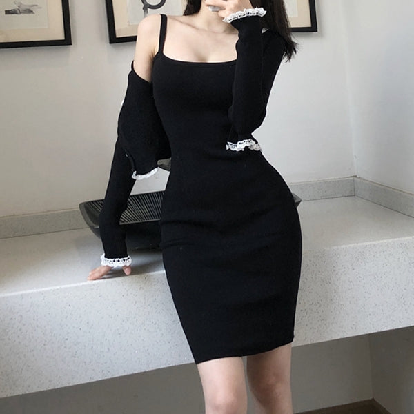 Sling Dress Long Sleeve Lace Knit Cardigan Set