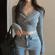 V-Neck Sexy Long-Sleeved Short T-Shirt Top