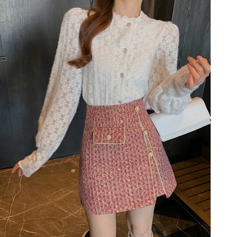 Lace Shirt Woolen Plaid Skirt Set