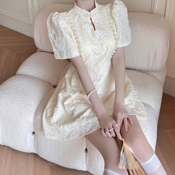 Pearl Jacquard Short-Sleeved Qipao Retro Dress