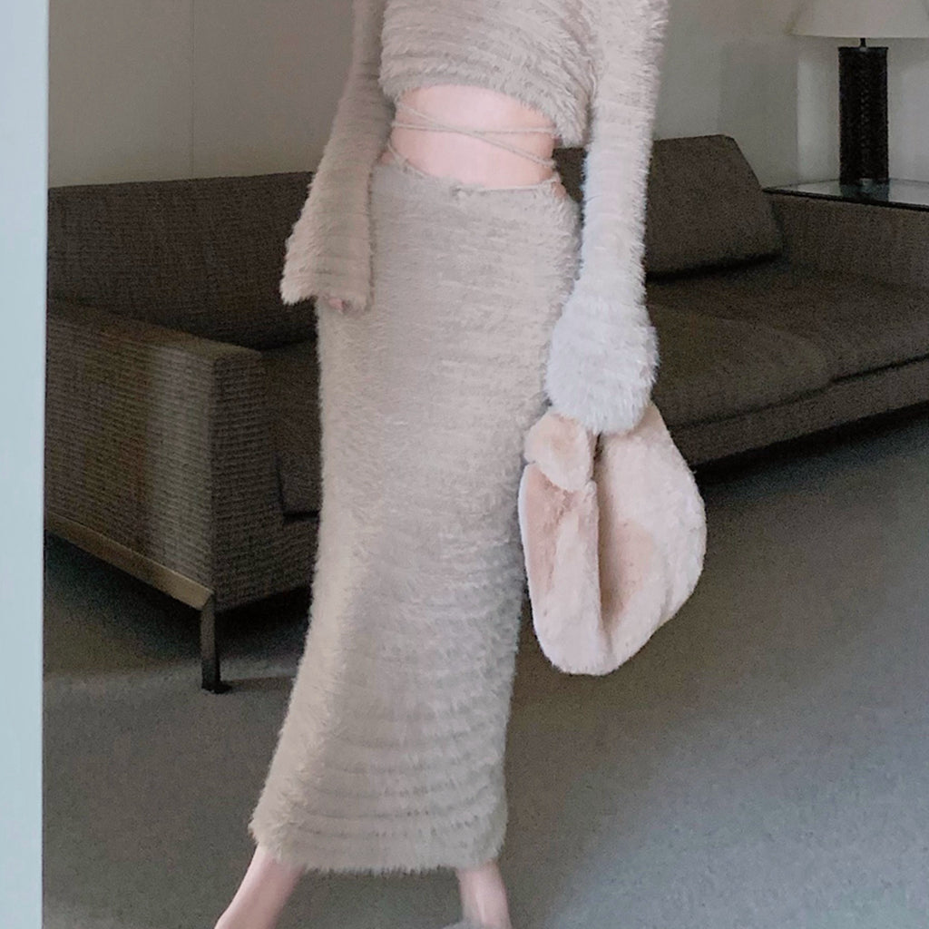 Furry Short Top High Waist Long Skirt Suit – DRESSVY