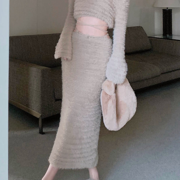 Furry short top high waist long skirt suit
