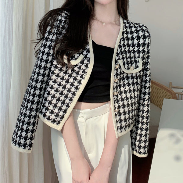 Long-Sleeve Single-Breasted Houndstooth Coat Top Winter Clothes