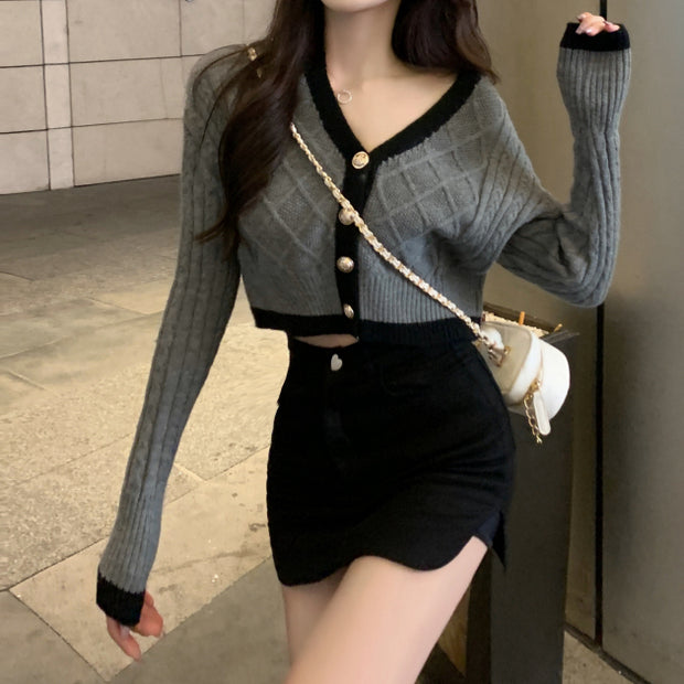 Vintage v-neck single-breasted knit short cardigan