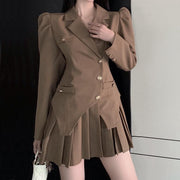 Puff sleeve fake two piece irregular pleated suit dress