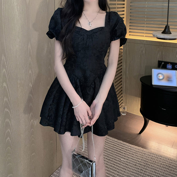 Puff sleeve jacquard slim fit short puff dress