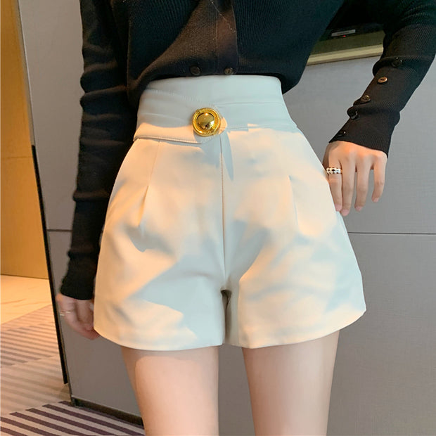 High Waist Casual Pocket Wide Leg Suit Shorts