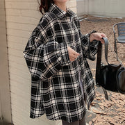 Plaid loose long sleeve polo collar shirt top