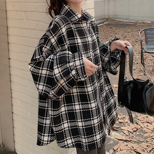 Plaid loose long sleeve polo collar shirt top