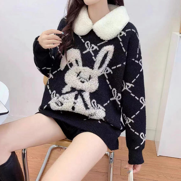 Rabbit Fur Collar Long Sleeve Knit Loose Sweater
