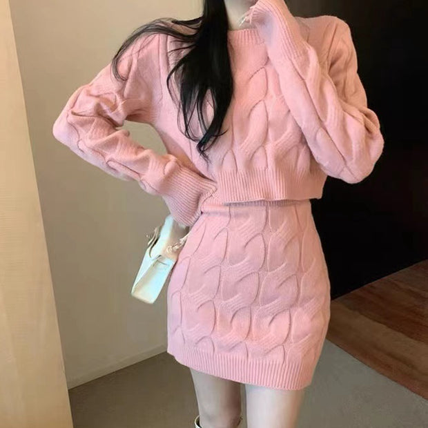 Solid color long sleeve top knitted short skirt set