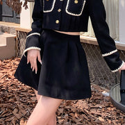 Short black coat top high waist pleated skirt set