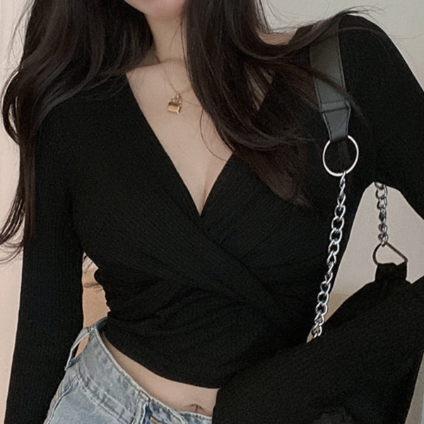 V-Neck Sexy Long-Sleeved Short T-Shirt Top