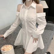 Off-the-shoulder fitted single-breasted shirt dress