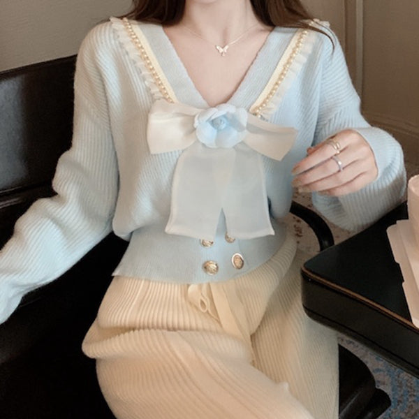 Fashionable V-neck Long-sleeved Bow-knotted Knitted Cardigan
