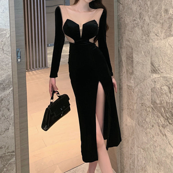High Waist Slit Slim Fit Long Sleeve Homecoming Black Dress
