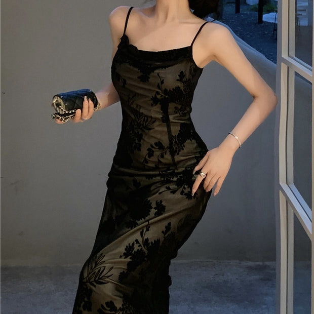 Black Lace Flowers Prom Long Cami Cocktail Dress