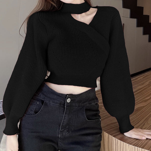 V-neck puff sleeve warm knitted sweater top