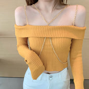 Off-shoulder chain stretch fit knit sweater top