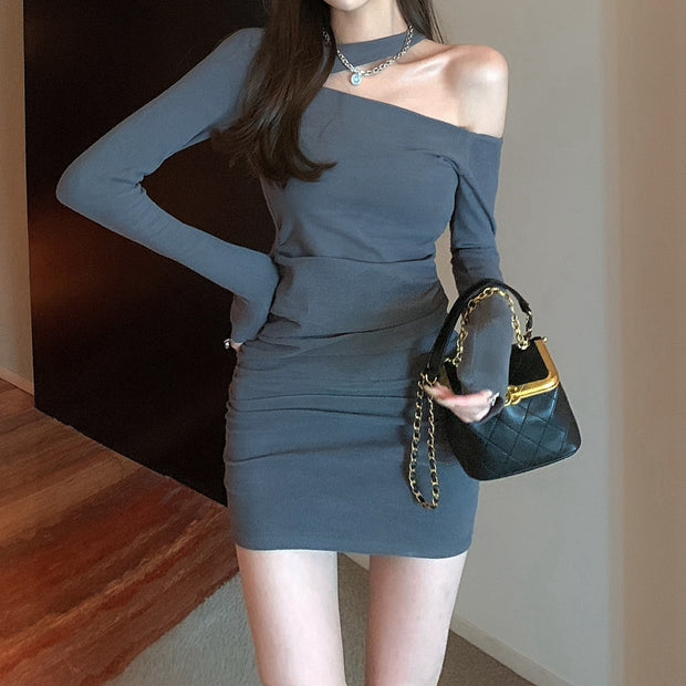 Fashion Oblique Shoulder Pleated Long Sleeve Dress