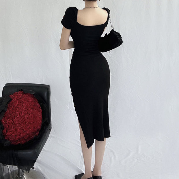 Black hollow v-neck short sleeve slit long dress