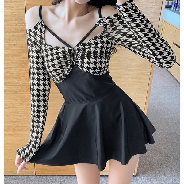 Houndstooth Backless Skirt One-Piece Swimsuit