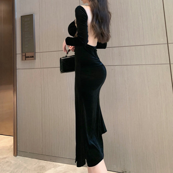 High Waist Slit Slim Fit Long Sleeve Homecoming Black Dress