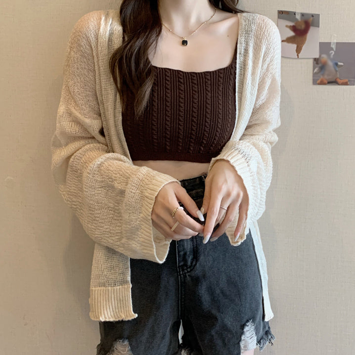 Knitted Tank Top Long Sleeve Cardigan Top Set