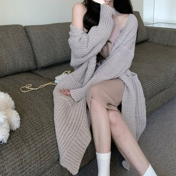Knit Halter Dress Long Sweater Cardigan Set