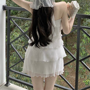 White Simple Ruffle Pleated Cake Halter Prom Dress