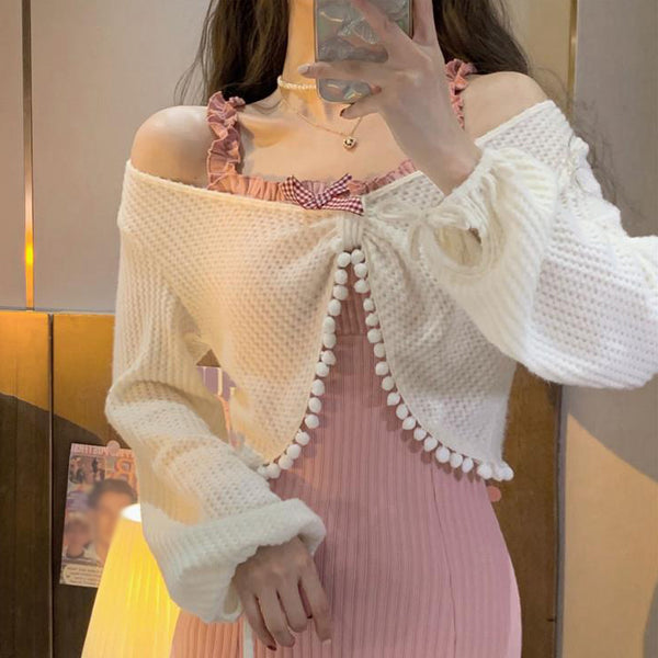 Slit Slim Bow Pink Dress White Cardigan Set