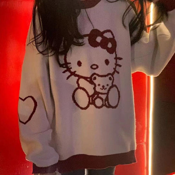 Loose Soft Contrast Color Cartoon Hello Kitty Knit Sweater Top
