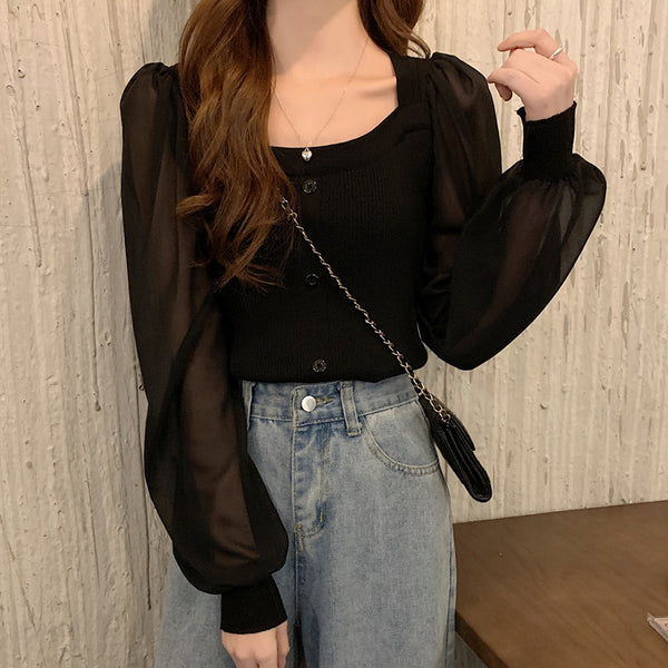 Square Neck Top Clavicle Panel Knit Shirt