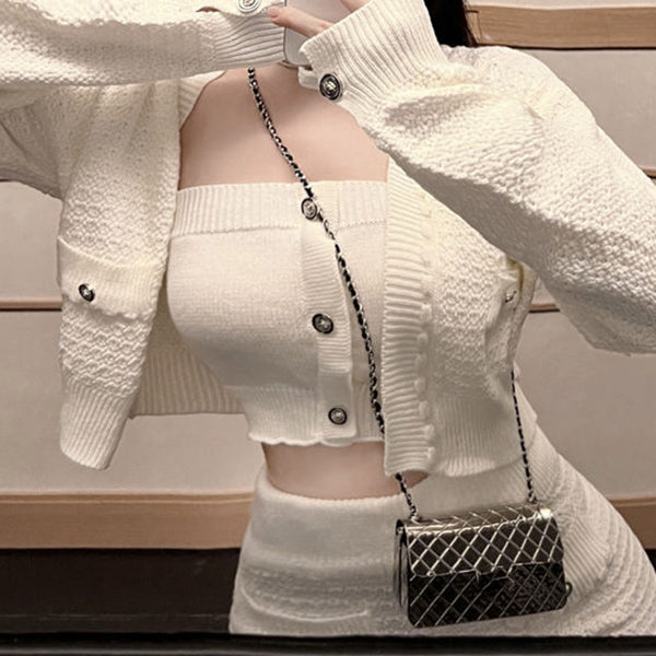 Long Sleeve Cardigan Knit Tube Top Shorts Set