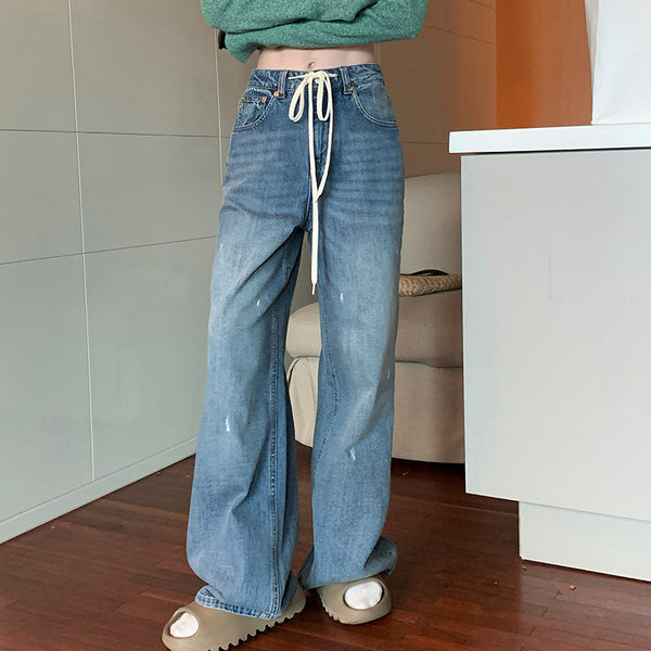 High Waist Loose Lace-Up Wide-Leg Casual Jeans