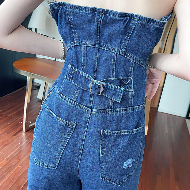 Buttons ripped wide leg denim bandeau jumpsuit