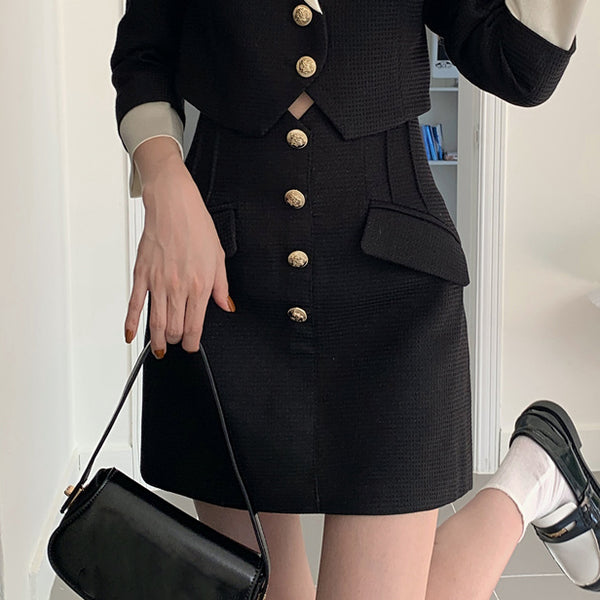 Single Breasted Lapel Blazer Top Black Skirt Set
