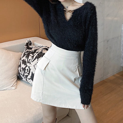 Hollow Chain V-Neck Sweater High Waist Skirt Set