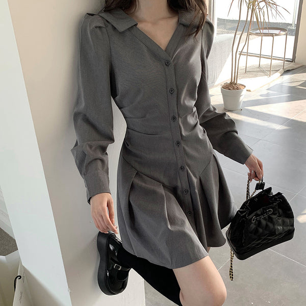 Single-Breasted Pleated V-Neck Fitted Shirt Dress