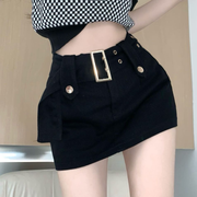 Plaid Short Sleeve T-Shirt Black Belt Skirt Suit