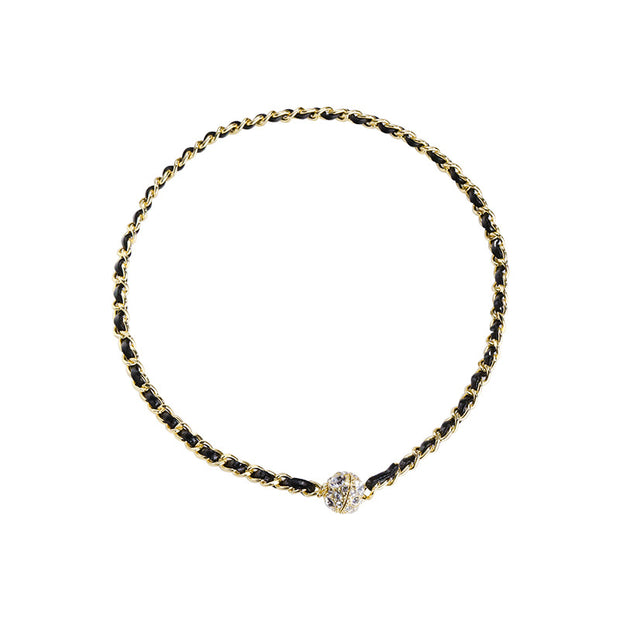 Vintage leather wrap chain diamond necklace