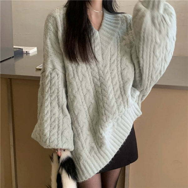 V-Neck Thickened Fried Dough Twist Sweater Sweater Upper Garment