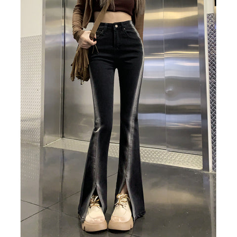 Black Stretch Slit Jeans Gradient Trousers