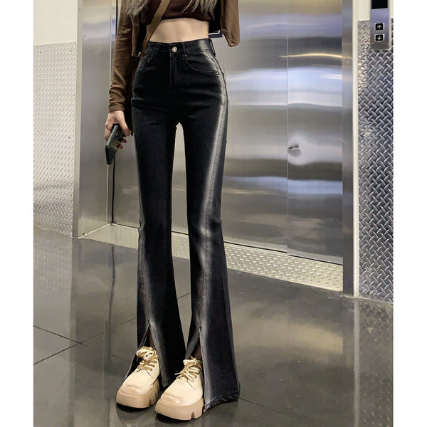 Black Stretch Slit Jeans Gradient Trousers