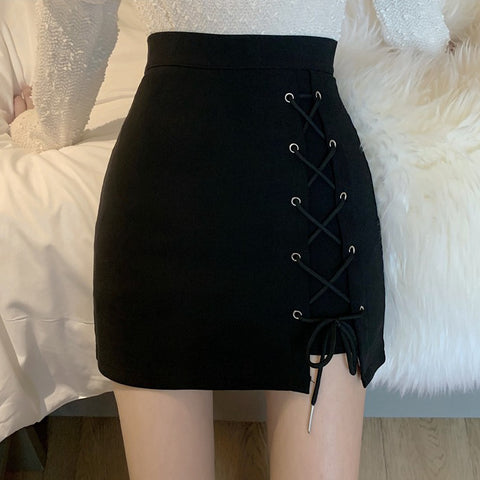 Black Cross-Tie Irregular High-Waist Skirt