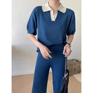Polo Collar Knitted Sweater Wide-Leg Pants Set